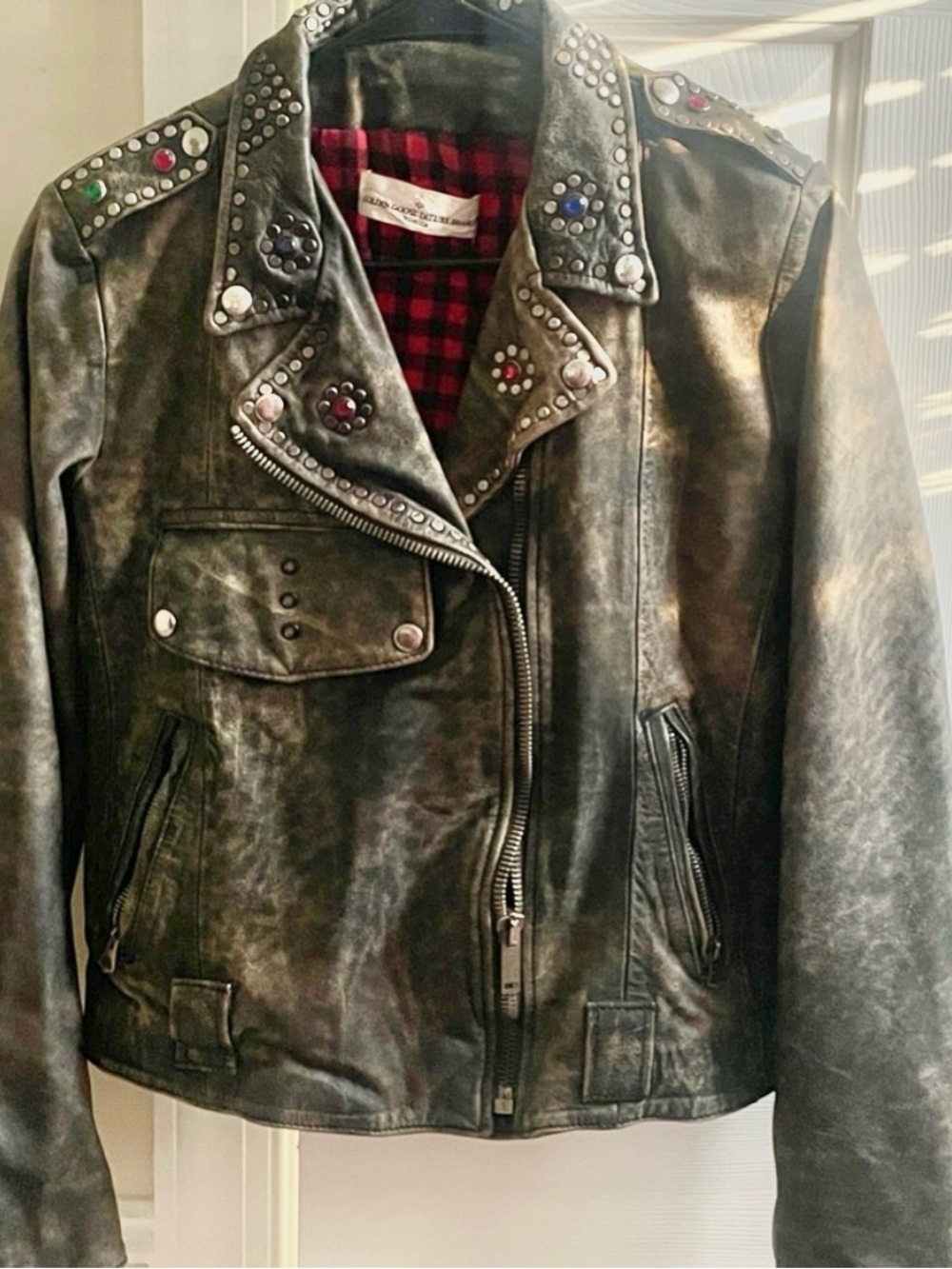 Golden Goose Black Brown Studded Jeweled Crystal Leather Moto Biker Jacket RARE!